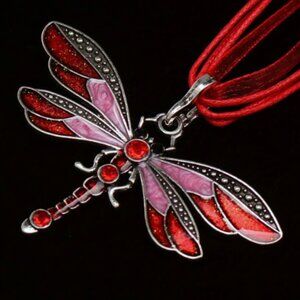 Red and pink dragonfly pendant necklace on red ribbon cord New in Box